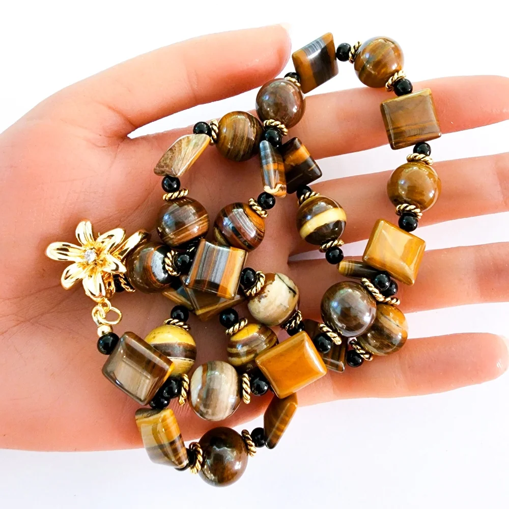 Cat's eye gemstones necklace 14k GP CZ flower clasp gold tigers eye L509 -Q5